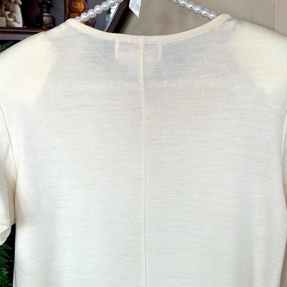 VINTAGE Maggy London Cream Wool Knit Short Sleeve Shift Dress Beaded Appliqué - Picture 12 of 15